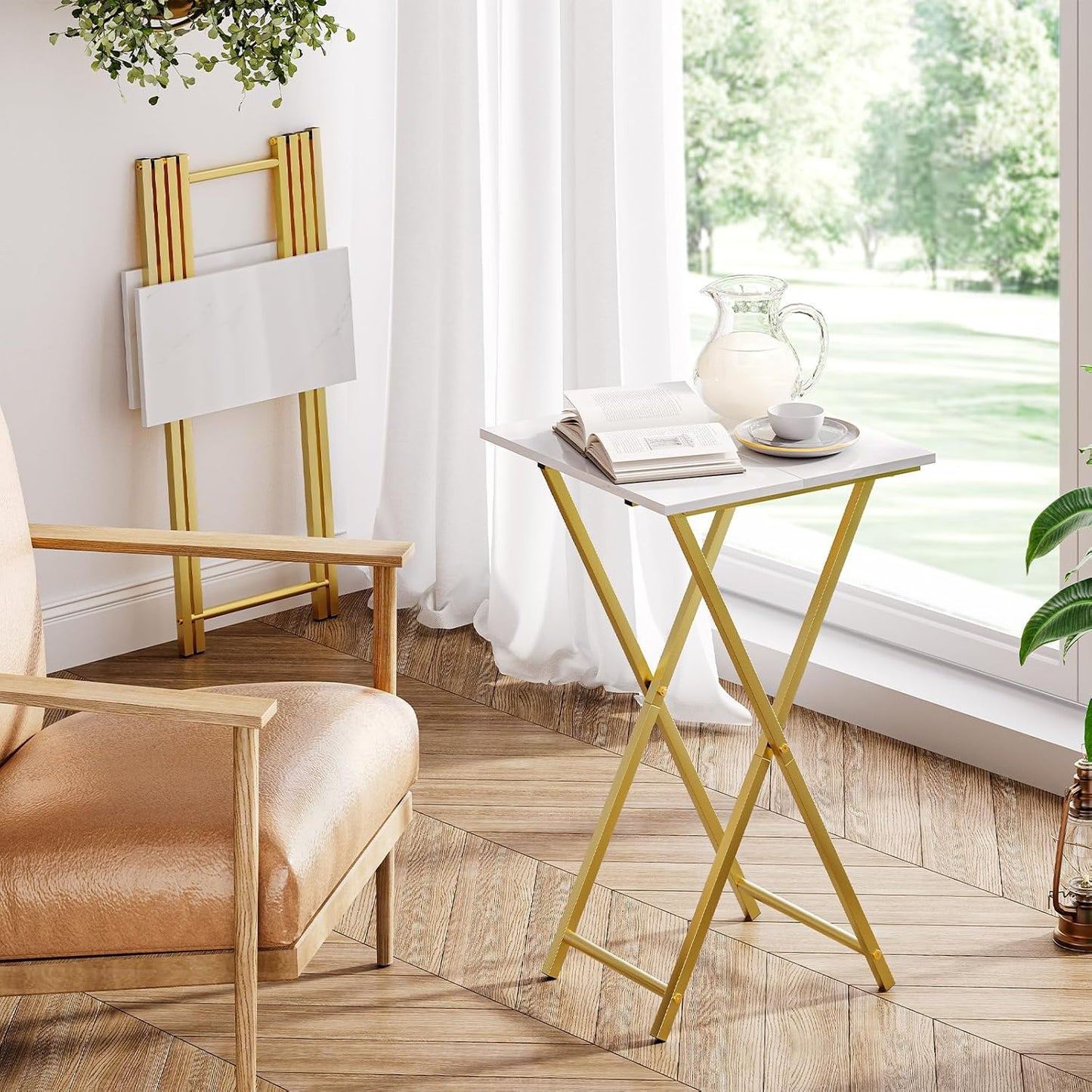 HOOBRO Folding TV Tray Tables, Set of 2 Wooden TV Tray, Portable Sofa Side Table, Industrial Snack Table End Table for Small Spaces, Space-Saving, Easy to Install and Fold, Marble and Gold DM27BZP201