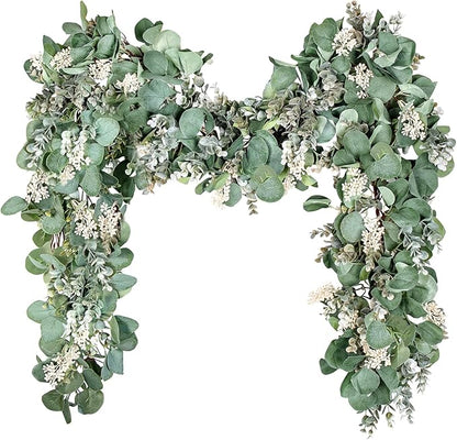 Ouddy Decor Eucalyptus Garland 6.56 Ft Lush Silver Dollar Leaves Boxwood with White Buds Artificial Faux Greenery Vines for Baby Shower Wedding Party Table Runner Room Home Mantle Decor