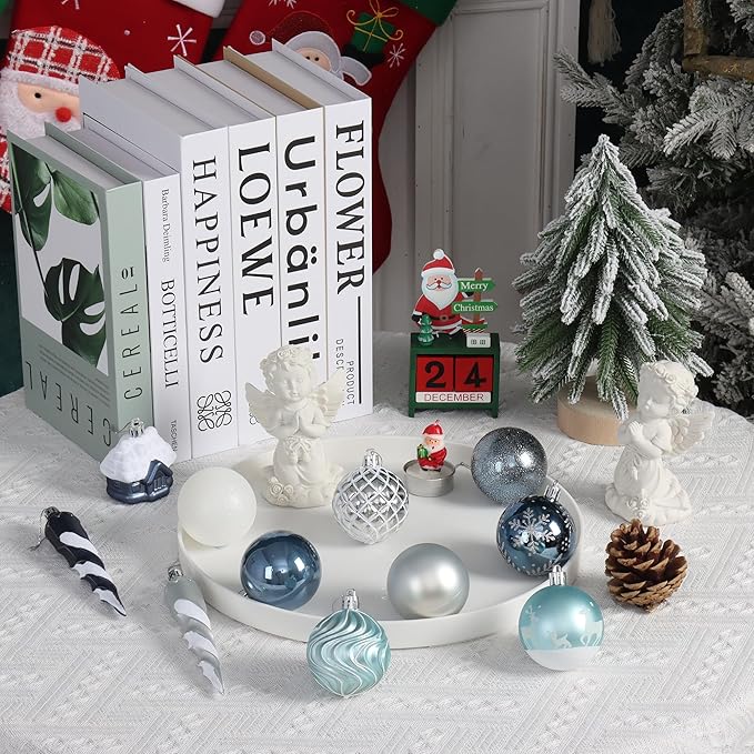124Ct Blue and Silver Christmas Ornaments Set, Elegant Shatterproof Assorted Christmas Decorations for Xmas Tree Snowflake Icicle House Ball Ornaments Baubles for Holiday Party Decor (Blue&Silver