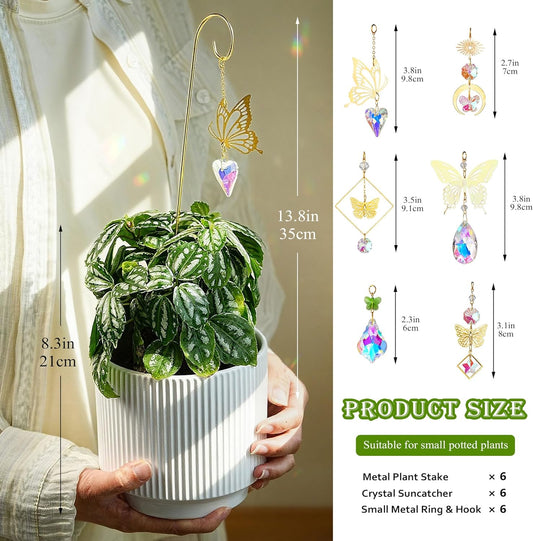 HDCRYSTALGIFTS 6pcs Crystal Butterfly Suncatchers with 13'' Gold Trellis for Mini Potted Plants Decorations, Garden Indoor Plant Accessories Fairy Garden Sun Catchers, Plant Lover Gift