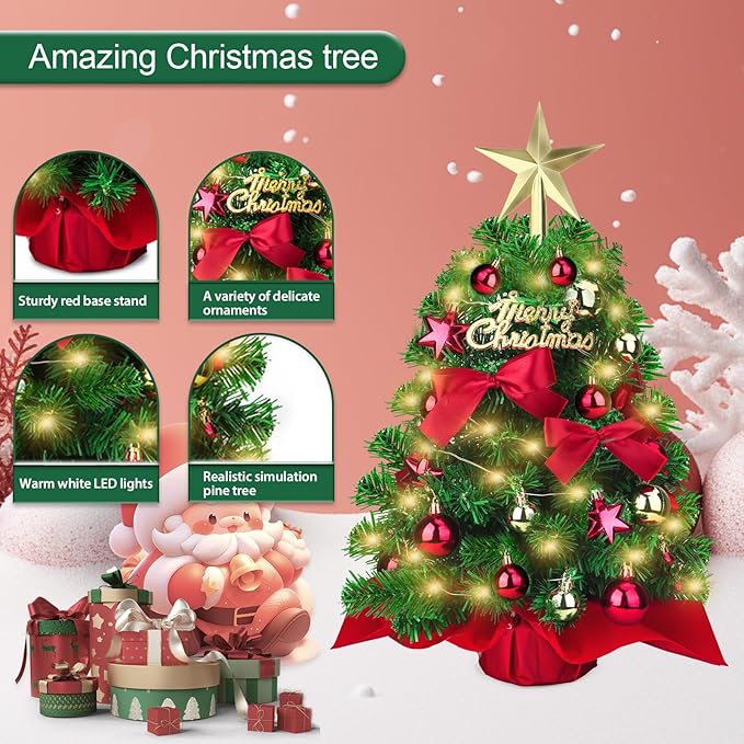 Mini Christmas Tree, Small Christmas Little Tree, Table top Tree 20”,Miniature Pine Artificial Xmas Tree with Ball Star Bowknot Ornaments for Holiday Season Desk Decoration Centerpiece