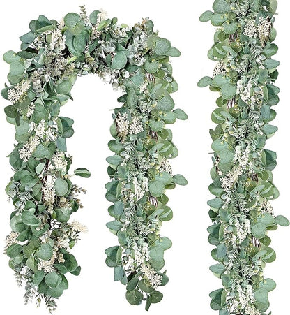 Ouddy Decor 2 Pack Eucalyptus Garland Total 13.1 Ft Lush Silver Dollar Leaves Boxwood with White Buds Artificial Faux Greenery Vines for Baby Shower Wedding Party Table Runner Room Home Mantle Decor