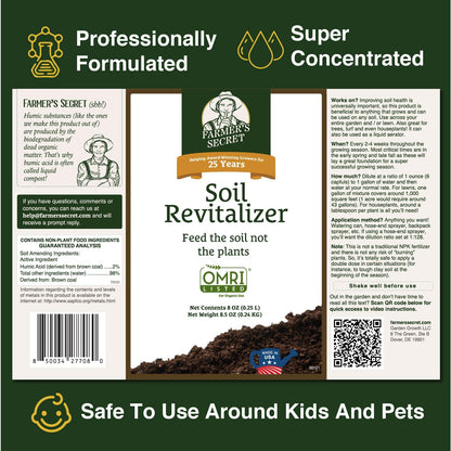 Farmer’s Secret Soil Revitalizer (32oz) - Organic (OMRI Listed) Dirt Health Booster - Liquid Compost Soil Amendment - Activated Humic Acid - Great for Fall Application