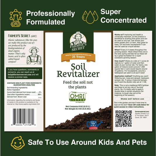 Farmer’s Secret Soil Revitalizer (8oz) - Organic (OMRI Listed) Dirt Health Booster - Liquid Compost Soil Amendment - Activated Humic Acid - Great for Fall Application
