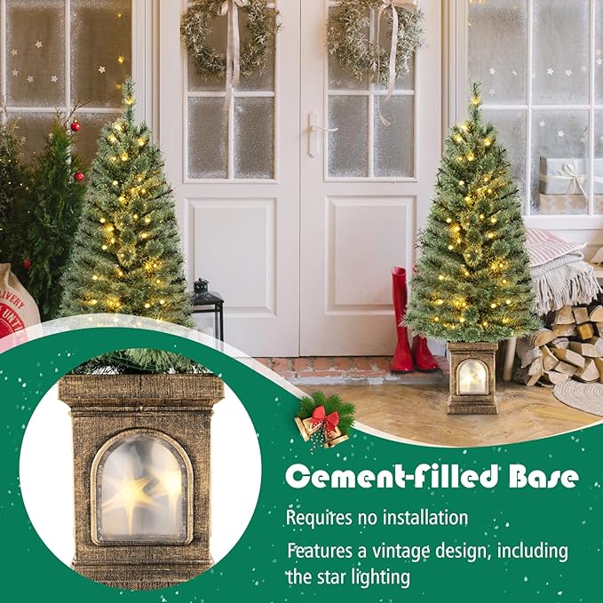 HAPPYGRILL 4 FT Pre-Lit Christmas Tree Set of 2, Artificial Xmas Entrance Tree w/116 Branch Tips, 3 Lighting Modes, 100 LED Lights & Cement-Filled Base, Pine Needles, Remote Control, Holiday Decor