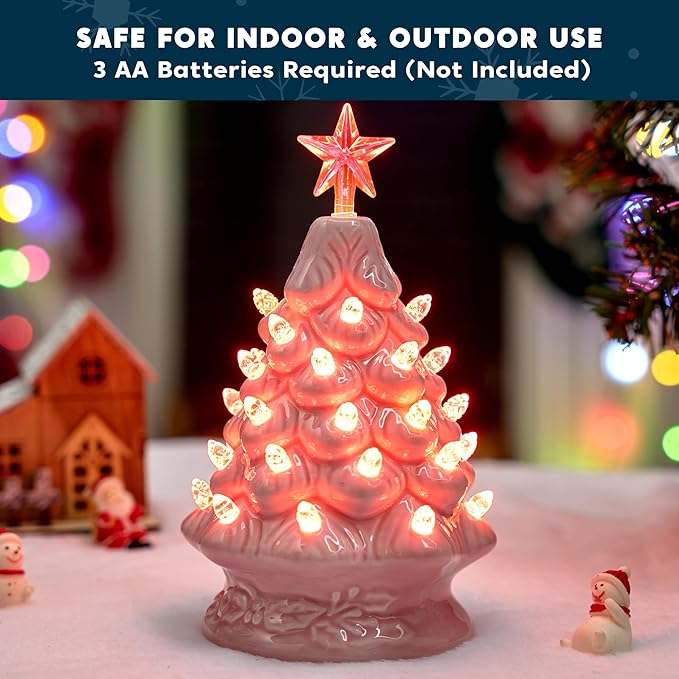 Joiedomi 7" Pink Ceramic Christmas Tree, Mini Prelit Tabletop Christmas Ceramic Tree with Extra Clear Top Star & Bulbs for Holiday Decoration Small Xmas Holiday Best Desk Tabletop Decoration (Pink)