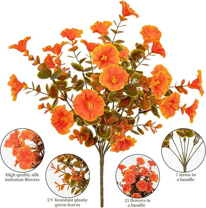 Lnoicy Artificial Fall Mums 12 Bundles Eucalyptus Fake Flowers for Planter,Fake Morning Glory for Halloween Home/Porch/Garden Decoration (Fall Orange)