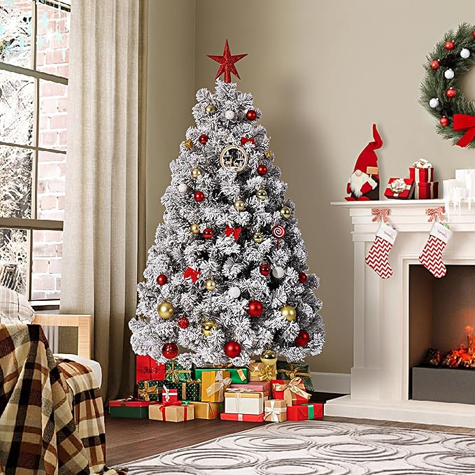 6Ft Pre-Lit Artificial Christmas Tree, Premium Hinged Design,Snow Flocked Full Prelighted Xmas Tree,Foldable Metal Stand, Party Decoration for Xmas Holiday, Green & White