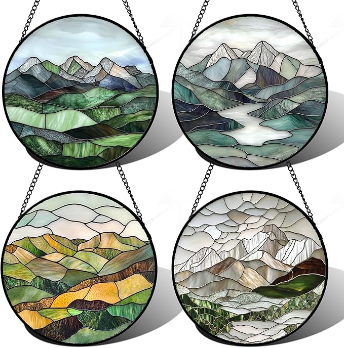 Stained Glass Window Hanging 4 Pcs Set Mountain River Landscape 9.8" - Suncatcher Door Garden Sun Catcher Decor Birthday Mother's Day for Mom Woman Nana Girl Boy Friend