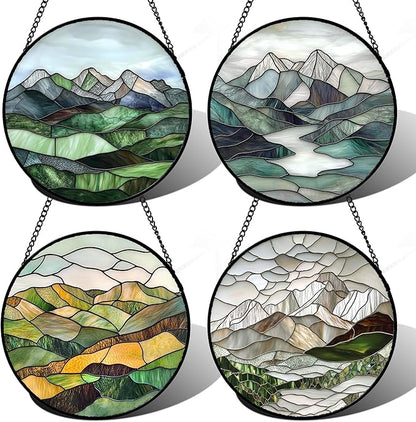 Stained Glass Window Hanging 4 Pcs Set Mountain River Landscape 9.8" - Suncatcher Door Garden Sun Catcher Decor Birthday Mother's Day for Mom Woman Nana Girl Boy Friend