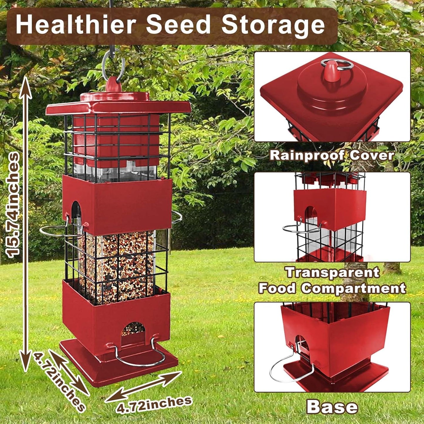 Squirrel Proof Bird Feeder, 3LBS Large Capacity Hanging Bird Feeders for Outdoors, Weight-Activated Perches Metal Anti-Squirrel Birdfeeder for Blue Jay, Cardinal, Outside (Red)