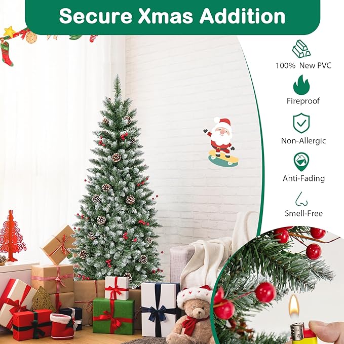 GOFLAME 5FT Pre-Lit Pencil Christmas Tree, Artificial Xmas Tree with 408 Branch Tips, 24 Pine Cones, 23 Clusters of Red Berries & 250 Warm White LED Lights, Holiday Decoration Tree for Home Party