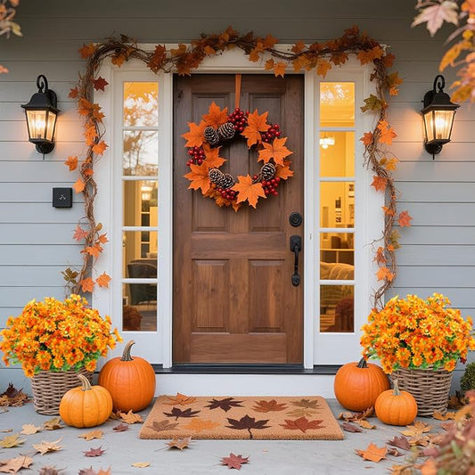 10pcs Outdoors Artificial Mum Flowers UV Resistant Daisy Fake Silk Chrysanthemum Greenery Faux Eucalyptus Plants for Spring Summer Garden Patio Window Box Planter Home Decor(Orange)