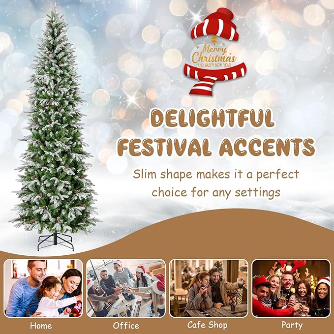 GOFLAME 9 FT Pre-Lit Pencil Christmas Tree Snow Flocked, Slim Artificial Xmas Tree with 1310 Branch Tips, 470 LED Lights, 98 Natural Pine Cones, Hinged Holiday Decoration Tree for Home Office