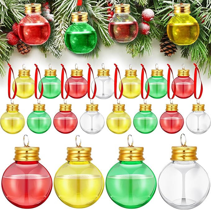 Patelai 18 Pcs Christmas Drink Balls Shot Glass Ornament Plastic Fillable Christmas Tree Ornaments Xmas Water Bottle Bulbs for Holiday Party Indoor Outdoor (Colorful)