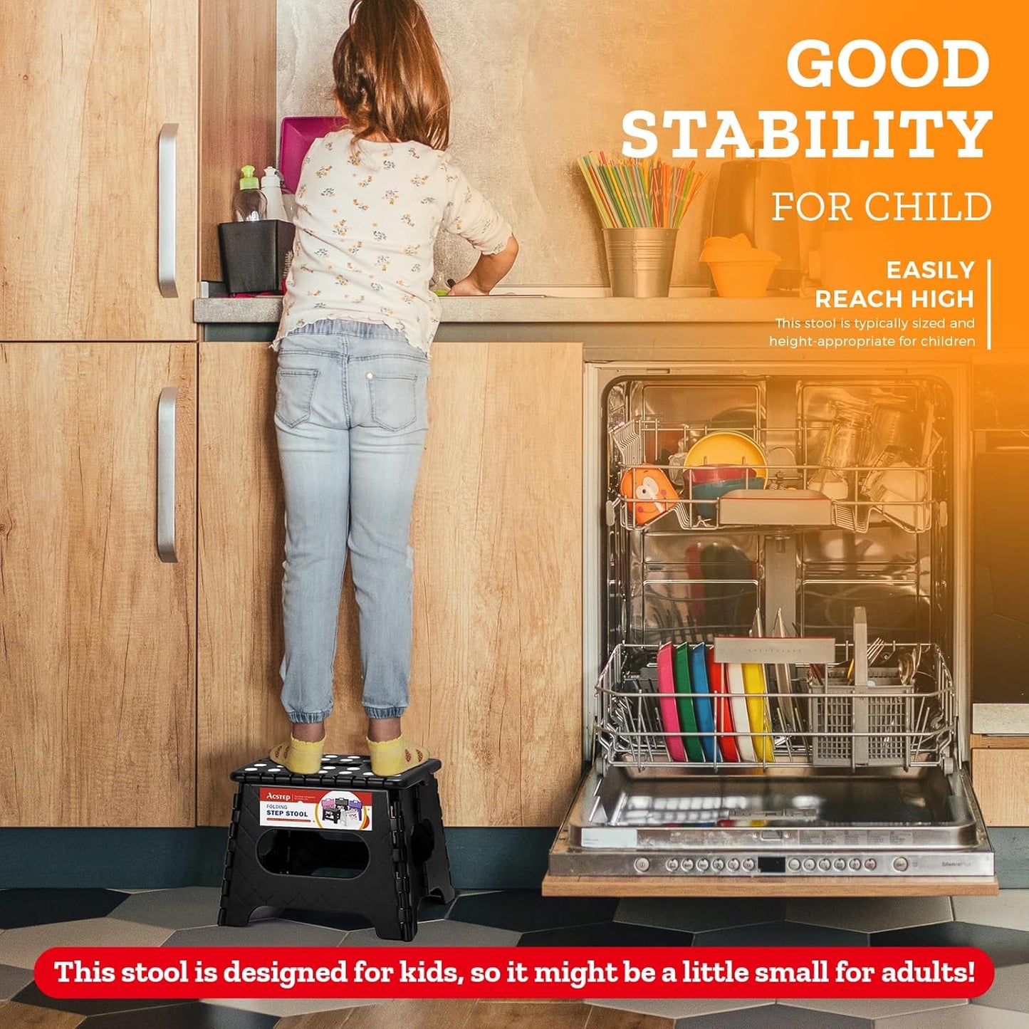 ACSTEP 7.5 Inch Folding Step Stool Foldable Stool Height Kids Step Stool, 176 lb Capacity Plastic Collapsible Stool, Black Small Stepping Stools, Foot Stools Suitable for Kitchen