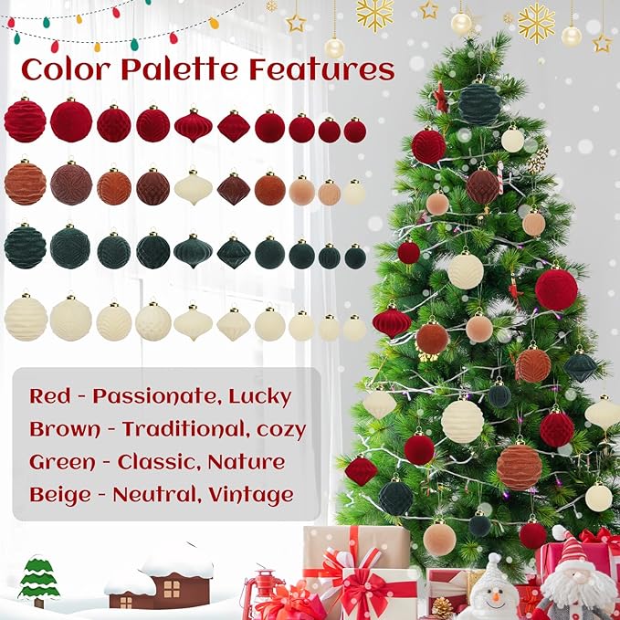 Velvet Ball Ornaments Christmas Balls Dark-Green 35 PCS Xmas Tree Flocked Ball Ornaments Assortment for Party Garland Wreath Decor Baby Shower First Christmas Decorations