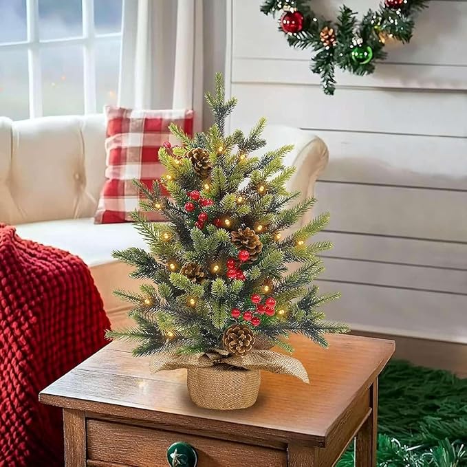 24"/2FT Tabletop Christmas Tree, Realistic-Feel Thick Artificial Mini Christmas Trees Small Christmas Tree with Lights Timer 56 Norfolk Pine Tip Pinecone Berry Burlap Base Christmas Decorations Indoor