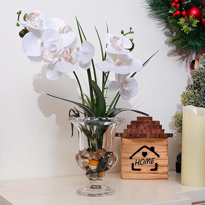 Jusdreen Artificial Orchid Centerpiece with Glass Vase, 14.5 Inch Lifelike Phalaenopsis Bonsai for Home Office Table Decor, White Orchid Arrangement with Potting