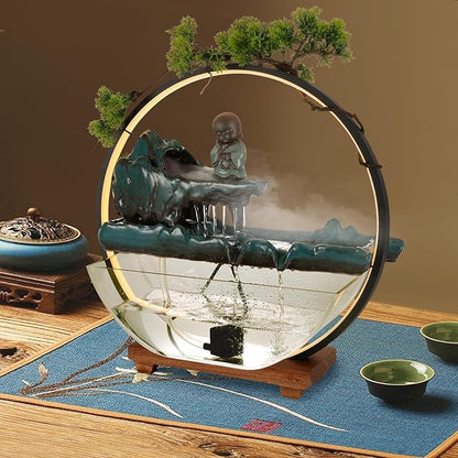 Backflow Incense Holder with Water Fountains and LED Light Indoor Water Fountains Tabletop Waterfall Fountains Desk Fountain for Feng Shui Wealth Boom with Mist for Home Office Bedroom (A)