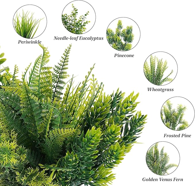 ilauke 6 Pack Artificial Greenery Stems Outdoor UV Resistant, Faux Plants for Home Decor Indoor Outside, Assorted Eucalyptus Decor & More for Vases