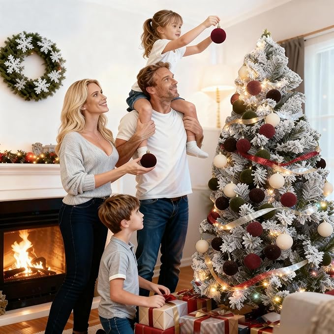 30pcs 6cm/2.4'' Velvet Xmas Balls Flocked Hanging Ornaments Christmas Decoration for Xmas Tree, Garland, Fireplace, Railing. Burgundy, Green, Brown, Beige (2.36" Velvet)