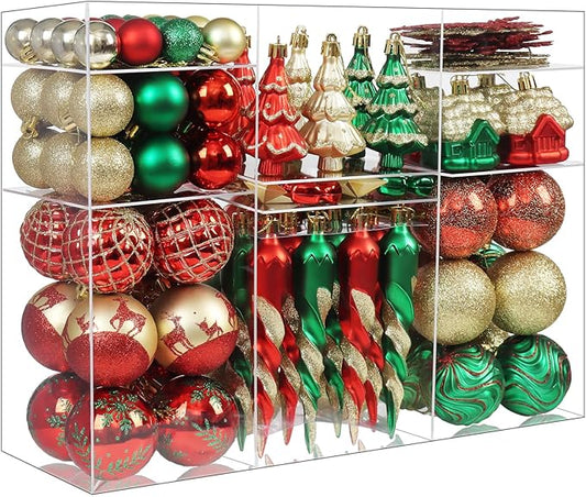 124Ct Red Green and Gold Christmas Ornaments Set, Luxury Shatterproof Assorted Christmas Decorations for Xmas Tree Snowflake Icicle House Ball Ornaments Baubles for Holiday Decor（Red Green Gold）