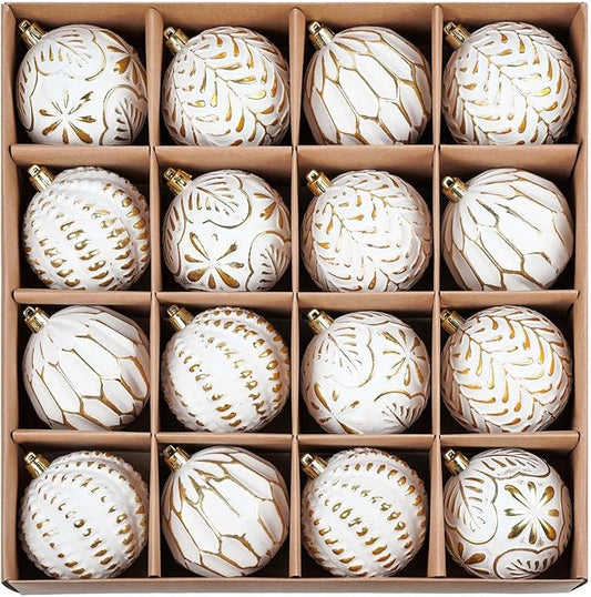Christmas Ball Ornaments Set, 16ct 80mm Elegant White and Gold Assorted Xmas Tree Ball Ornaments, Shatterproof Christmas Tree Hanging Ornaments for Xmas Decoration