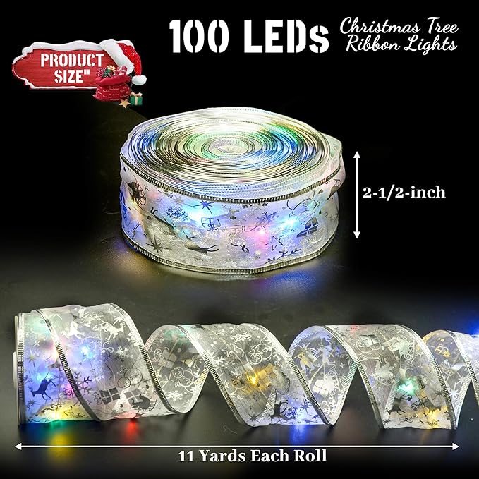 Christmas Decorations, 2.5Inch x 33Ft 100 Led Christmas Tree Ribbon Lights with Remote Control, Battery Operated & USB Powered 8 Lighting Modes Fairy String Lights with Timer for Xmas Decor