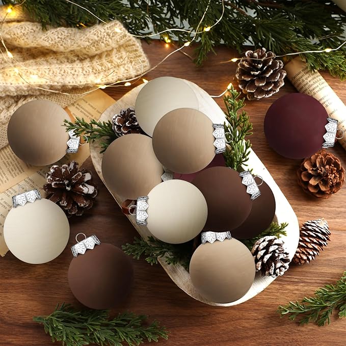 12 Pcs Neutral Matte Christmas Ball Ornaments 2.4 Inch Rustic Boho Burgundy Brown Camel Cream Xmas Bulbs Ornament Vintage Xmas Baubles Modern Christmas Decor for Tree Farmhouse Decor