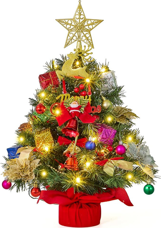 JOIEDOMI 24"/2FT Pre-lit Tree with Decoration Kit Artificial Christmas Tabletop Tree with 70 Branch Tips 30 LED Lights, Includes Star Topper Ornaments, Battery Operated Mini Tree for Indoor Xmas Decor
