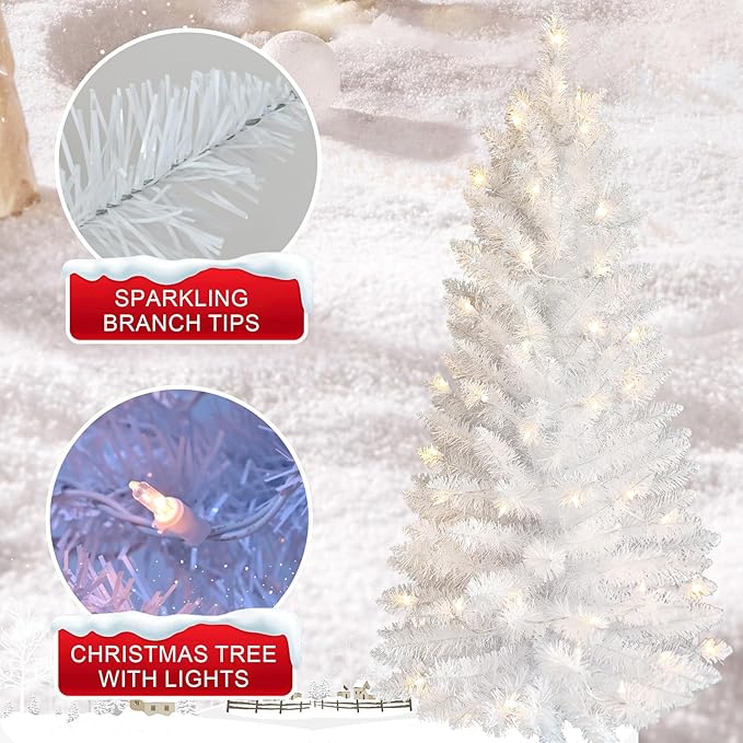 4ft Artificial Full White Christmas Tree with Separate Lights, Not Pre-lit Mini White Tinsel Pine Christmas Tree, 50 Lights, Small Xmas Tree for Home, Office, Party Decoration, Indoor