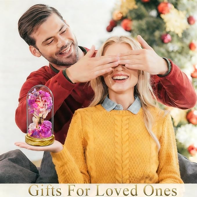 dranmoner Preserved Flower Glass Dome with LED Lights, Handmade Fantasy Purple Hydrangea and Roses Arrangement, Wood Base, for Mom Grandma Wife Friend Used as for Occasions Home Decor