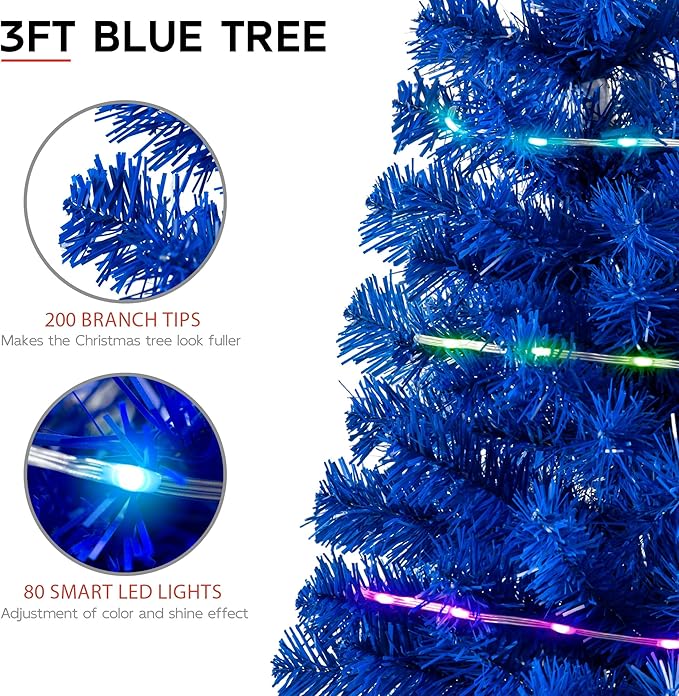 Blue 3ft Christmas Tree with Lights, Small 36inch Artificial Tree Mini Table Top Decorations, Xmas Desk Tree with 80 Colored Lights, 200 Branch, Holiday Decor for Home,Indoor Office Tabletop