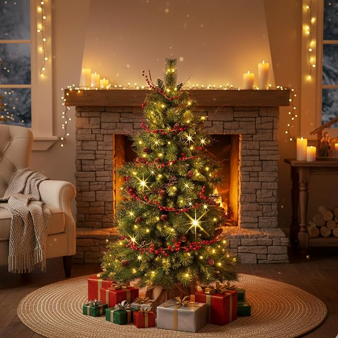 Christmas Tree, 4FT Tabletop Christmas Tree with Cloth Bag Base and LED Light, Pre-Lit Small Artificial Tree with Pine Cones & Red Berries, Christmas Decorative for Outdoor Indoor Porch