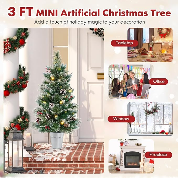 Goplus 3ft Pre-Lit Mini Tabletop Christmas Tree, 2 Pack Artificial Small Battery Operated Xmas Tree with 20 Warm White LED Lights, 8 Modes, Timer, 81 PVC & Pine Needles, for Home Office Decoration