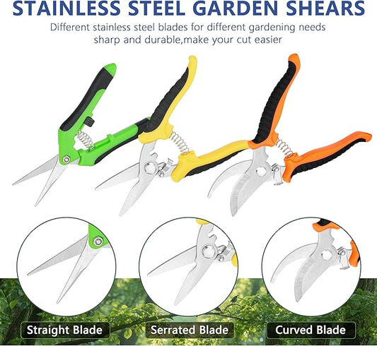 3-pack Garden Pruning Shears Set with Stainless Steel Blades, Bypass Pruners, Handheld Secateurs, Tree Trimmers, with Garden Scissors Whetstone,a Clean Brush and a hard Case