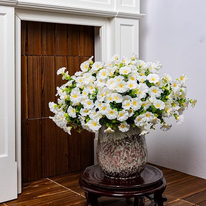 Artificial Faux Flowers for Outdoor 16 Bundles Boxwood Fake Morning Glory for Planter,UV Resistant Fake Flowers for Home Porch Patio Outside（White）