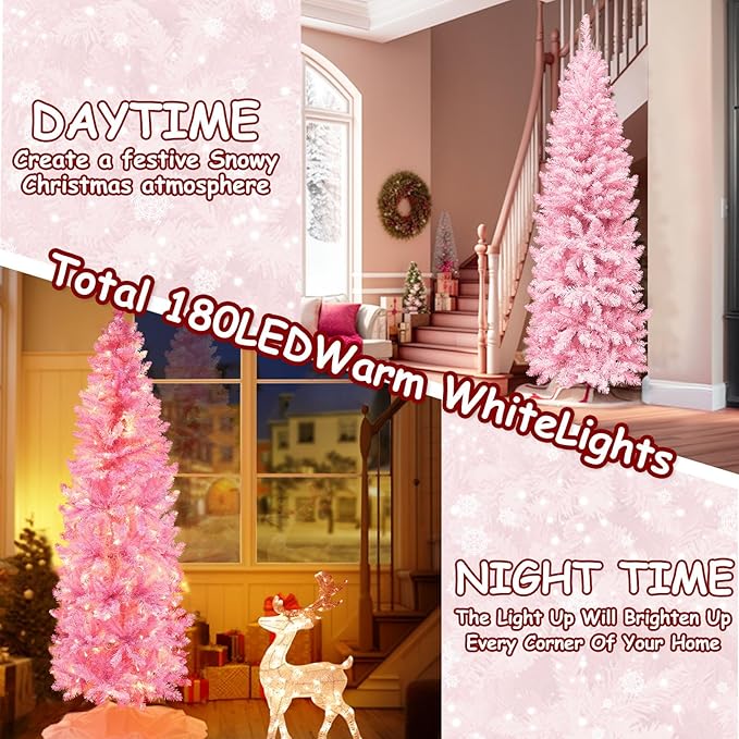 5 Ft Prelit Pink Artificial Pencil Christmas Tree Decoration 180 Warm White Lights 550 Branch Tips Metal Stand Slim Tree Xmas Decor Indoor Outdoor Home Holiday