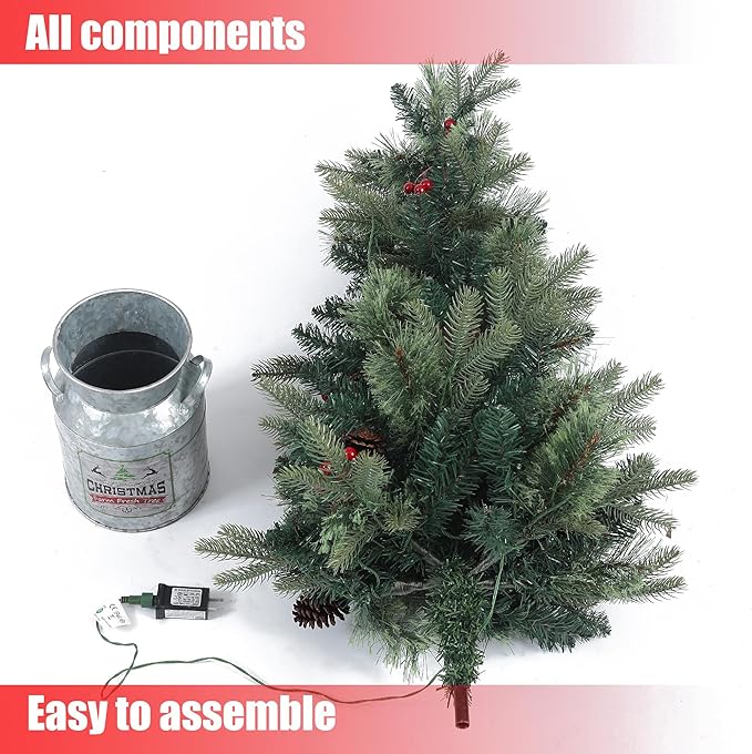 LuxenHome 4FT Small Christmas Tree, Prelit Slim Potted Artificial Christmas Trees with 100 Warm White LED Lights, Realistic Faux Pine Tree with Rustic Metal Pot for Indoor, Outdoor Holiday Decor