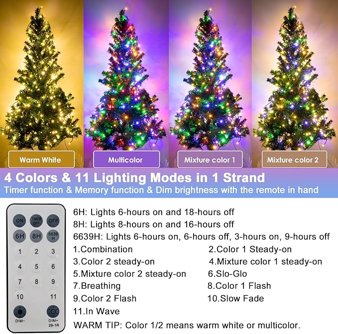 Decute 800Leds 272FT Colors Changing Christmas String Lights 4 Colors in 1 Strand 11 Modes, Waterproof Indoor Outdoor Tree Fairy Lights Warm White & Multicolor with Timer Remote
