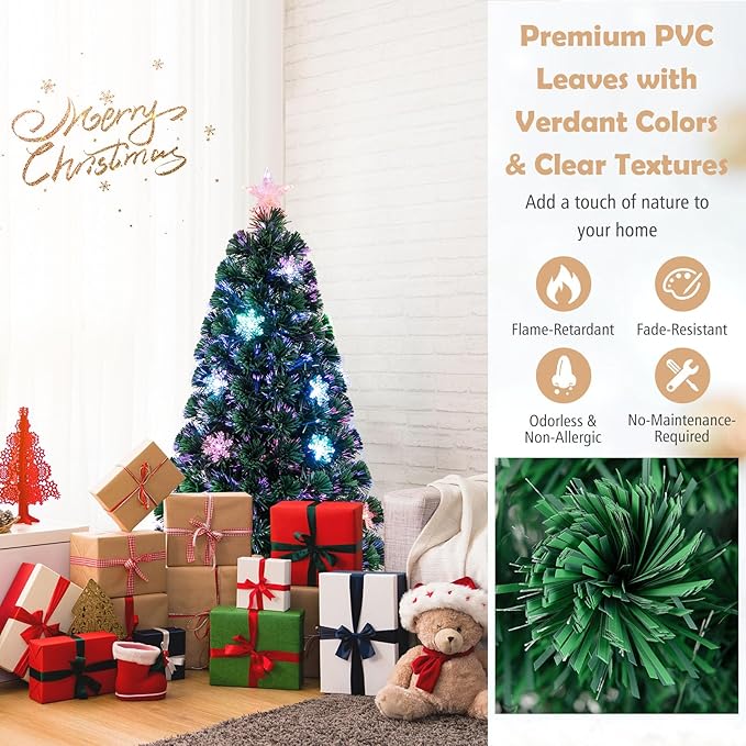Goplus 4ft Pre-Lit Fiber Optic Christmas Tree, Artificial Xmas Full Tree with Colorful Snowflake LED Lights, 125 Branch Tips, Foldable Metal Base, for Office Home Holiday Decor