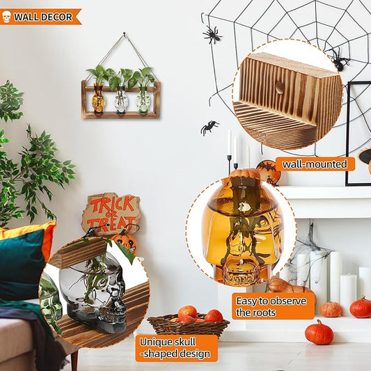 Plant Terrarium Propagation Stations Hydroponics Halloween Skull Planter Vase Skulls Decor with Wooden Stand Gift for Father