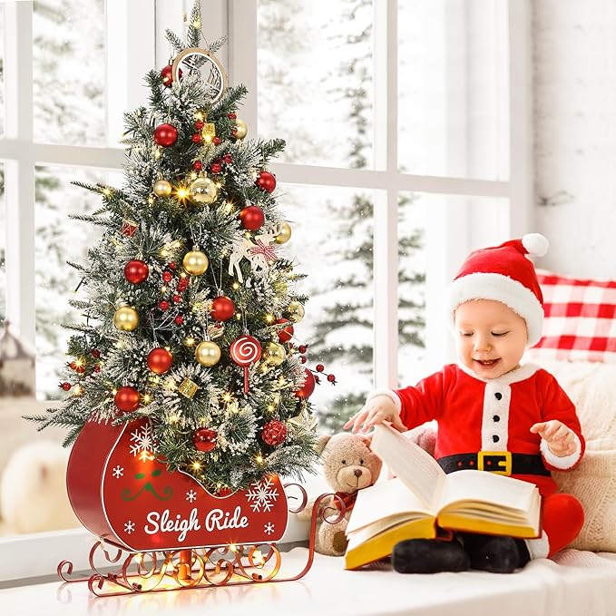 Garvee 3FT Christmas Tree, Pre-Lit Artificial Christmas Trees with Lights, Small Xmas Trees with Sleigh Base & 78 Warm White Lights, Christmas Decoration for Home, Office,1 PCS