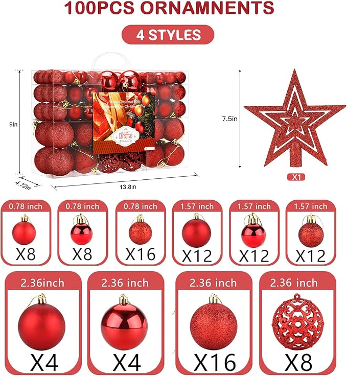 Aitsite 100 Pack Christmas Tree Ornaments Set Mini Shatterproof Holiday Ornaments Balls for Christmas Decorations (Red)
