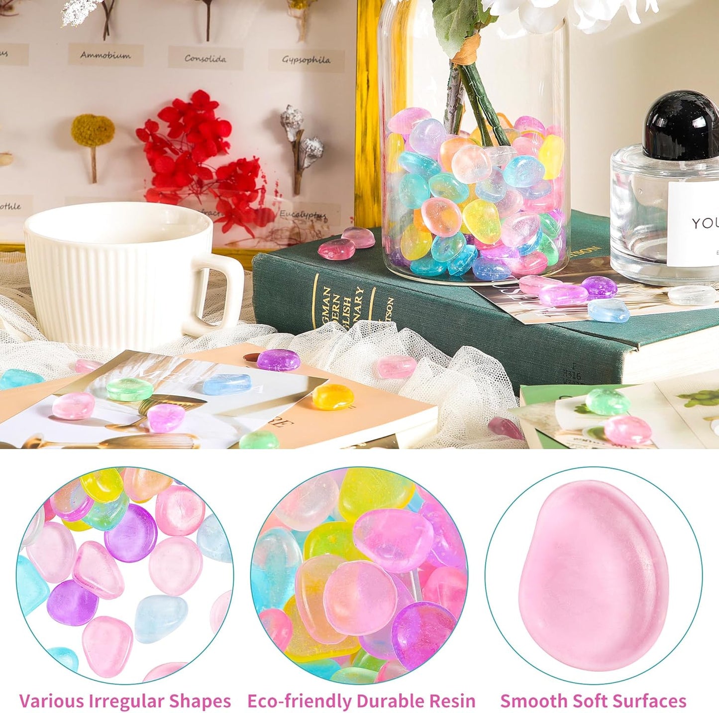 OSOPOLA 150 PCS Glow in The Dark Rocks - Mix Color Luminous Stones Fish Tank Accessories DIY Decor Pebbles for Fairy Garden Yard FD05MX150B