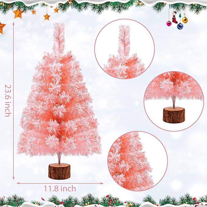 2Ft Artificial Christmas Tree Pink Tabletop Christmas Tree with Snow Flocked Mini Xmas Pine Tree with Wooden Stand for Indoor Outdoor Holiday Home Decoration