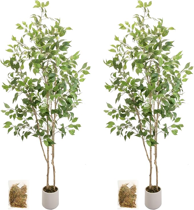 Artificial Fake Ficus Tree 7FT Tall 2Pack with White Planter & Free Moss, Artificial Plants Indoor, Artificial Trees for Home Decor Indoor, Faux Ficus Tree