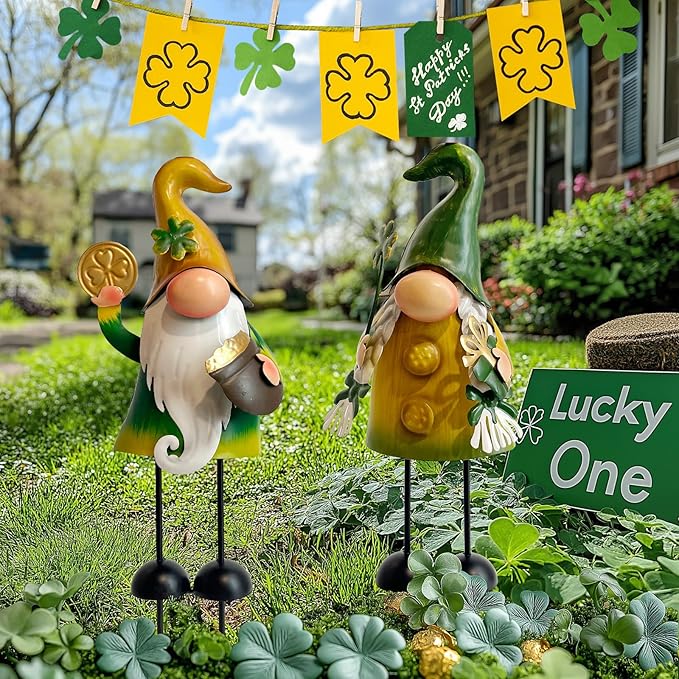 HONGLAND Fall Decor - Fall Decorations for Garden, Metal Gnomes Figurine Yard Art, Luck Shamrock Gnome for Home Outside Lawn Party Yard Patio