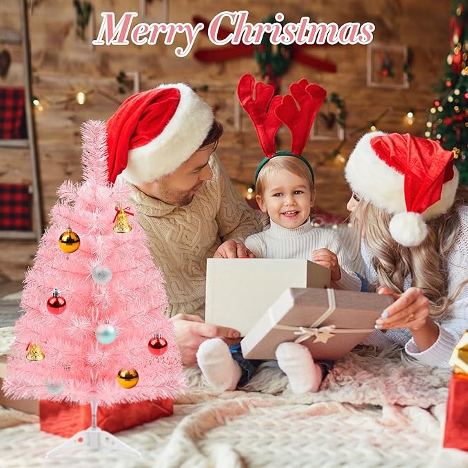 2Ft Artificial Christmas Tree Pink Tabletop Christmas Tree with Plastic Stand Mini Xmas Pine Tree for Indoor Outdoor Holiday Home Decoration